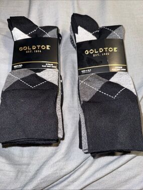 Gold Toe Men's Black/Gray/Argyle Flat Knit Crew Socks - 4 Pack NWT Size: 6-12.5
